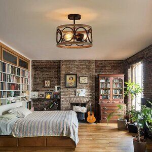 New Modern Farmhouse Ceiling Light Fixtures,3-Lights Black and Retro Wood Finish